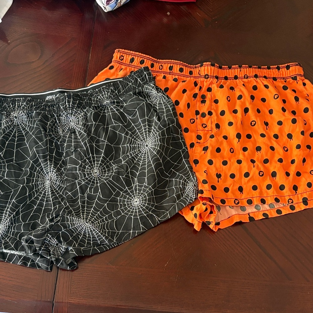 PINK Victoria's Secret Black Spider Web and Orange polka dot shorts.